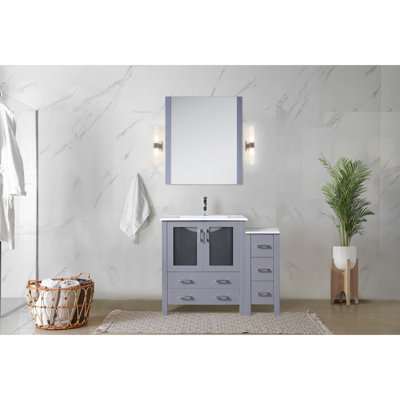 42 po W, meuble-lavabo simple, gris foncé, armoire latérale, comptoir en céramique blanche, fabrication en bois massif, fermeture en douceur, rangement intérieur, comptoir, égratignures et taches, pré-percé, croûte de robinet,