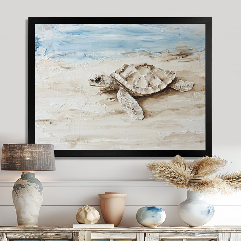 Minimal Turtle By The Beach - Tortue, art mural, Single Picture Framed Print without Mat, 30" H x 40" W, Black