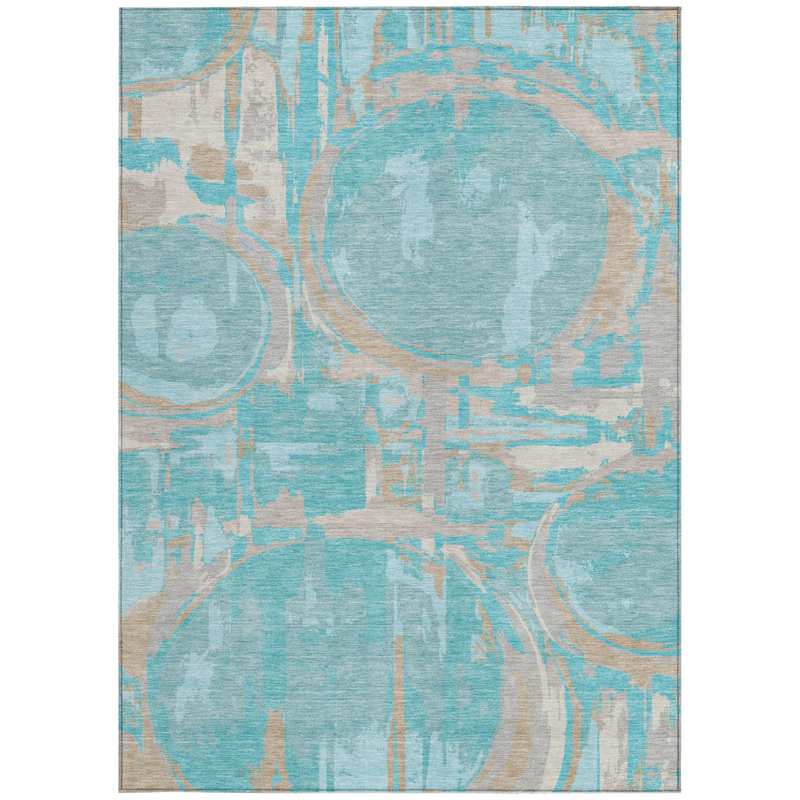 Tapis intérieur / extérieur 3 pi x 5 pi bleu turquoise et taupe lavable à motif géométrique