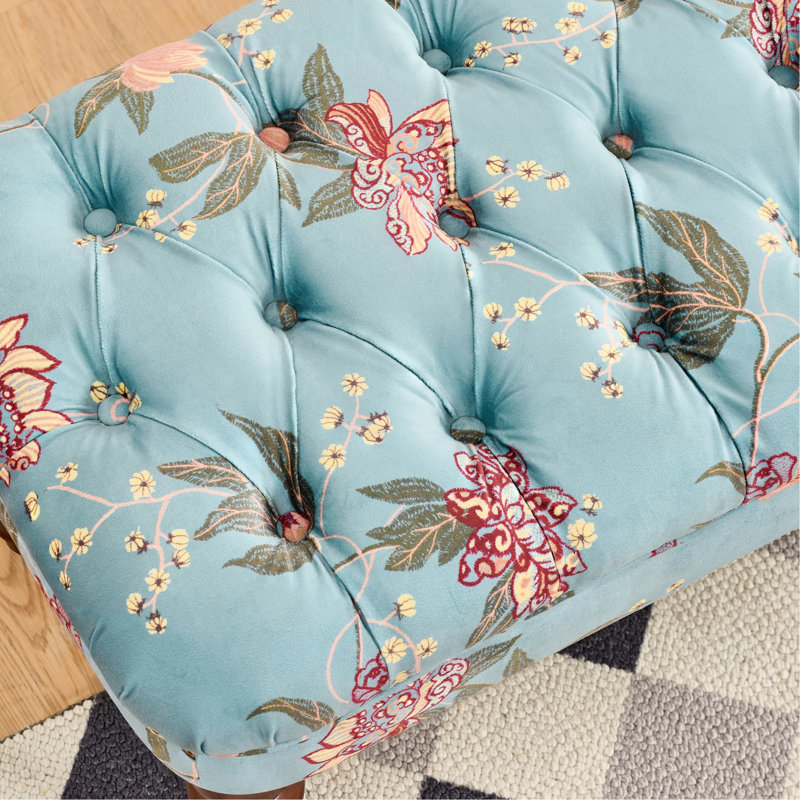 Repose-pieds floral européen avec pieds en pin tourné, revêtement bleu pour les espaces de vie et d'habillage