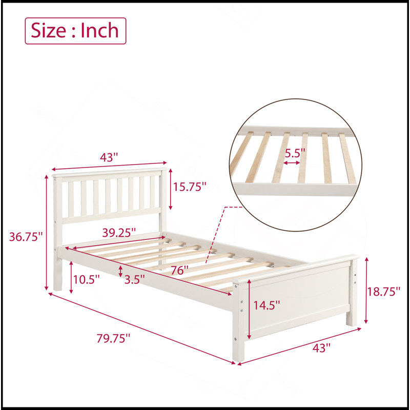 Lit plateforme simple en bois avec tête de lit, pied de lit et lattes en bois, Blanc