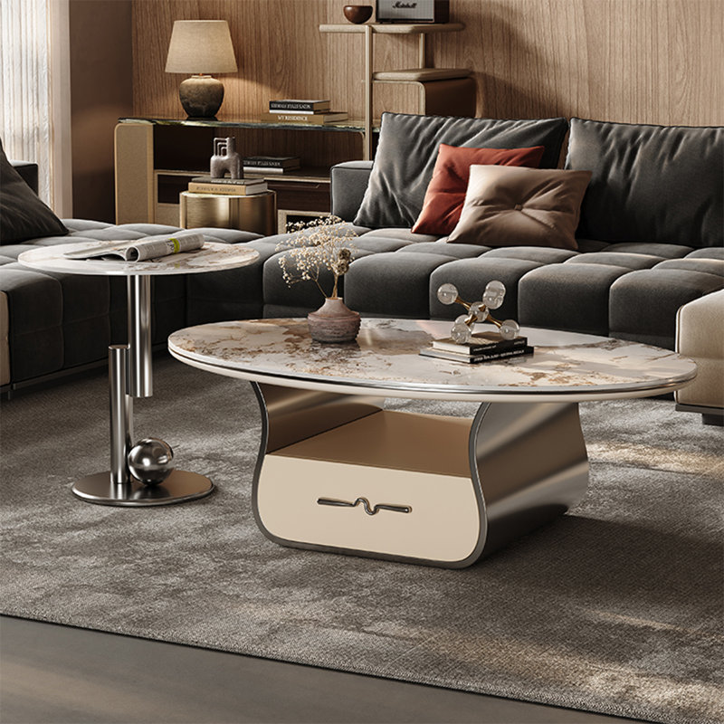 Light luxury oval rock plate coffee table, 16.5" H x 47.2" L x 27.6" W, Grey