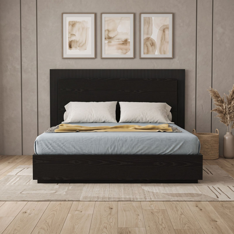Lit plateforme en bois avec tête de lit à DEL, Noir, Grand lit