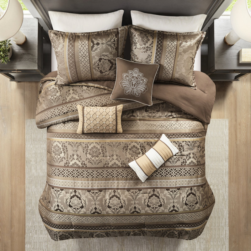 7 Piece Comforter Queen - Brown/Gold , Delicate Stitching Valuable Motifs