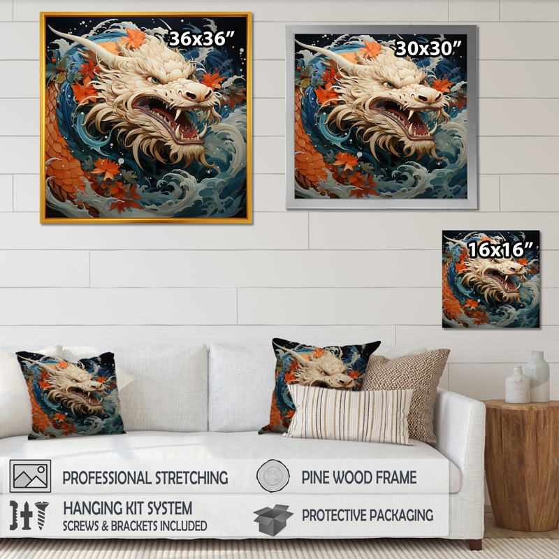 Vague de dragon japonais au large de Kanagawa I - Dragons, art mural, H 30 po x l 30 po x P 1,5 po, Cadre flottant noir