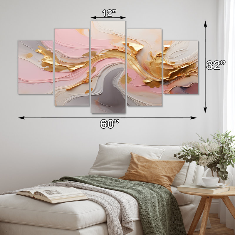 Tourbillon tourbillonnant d'or glamour - art mural abstrait 5 pièces, H 32 po x l 60 po