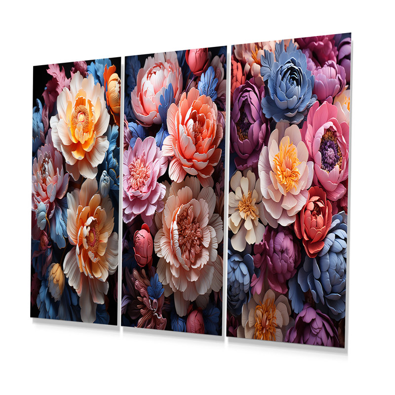 Belles pivoines colorées «Come Alive» - ensemble de 3 impressions murales en métal pivoines, H 28 po x l 36 po
