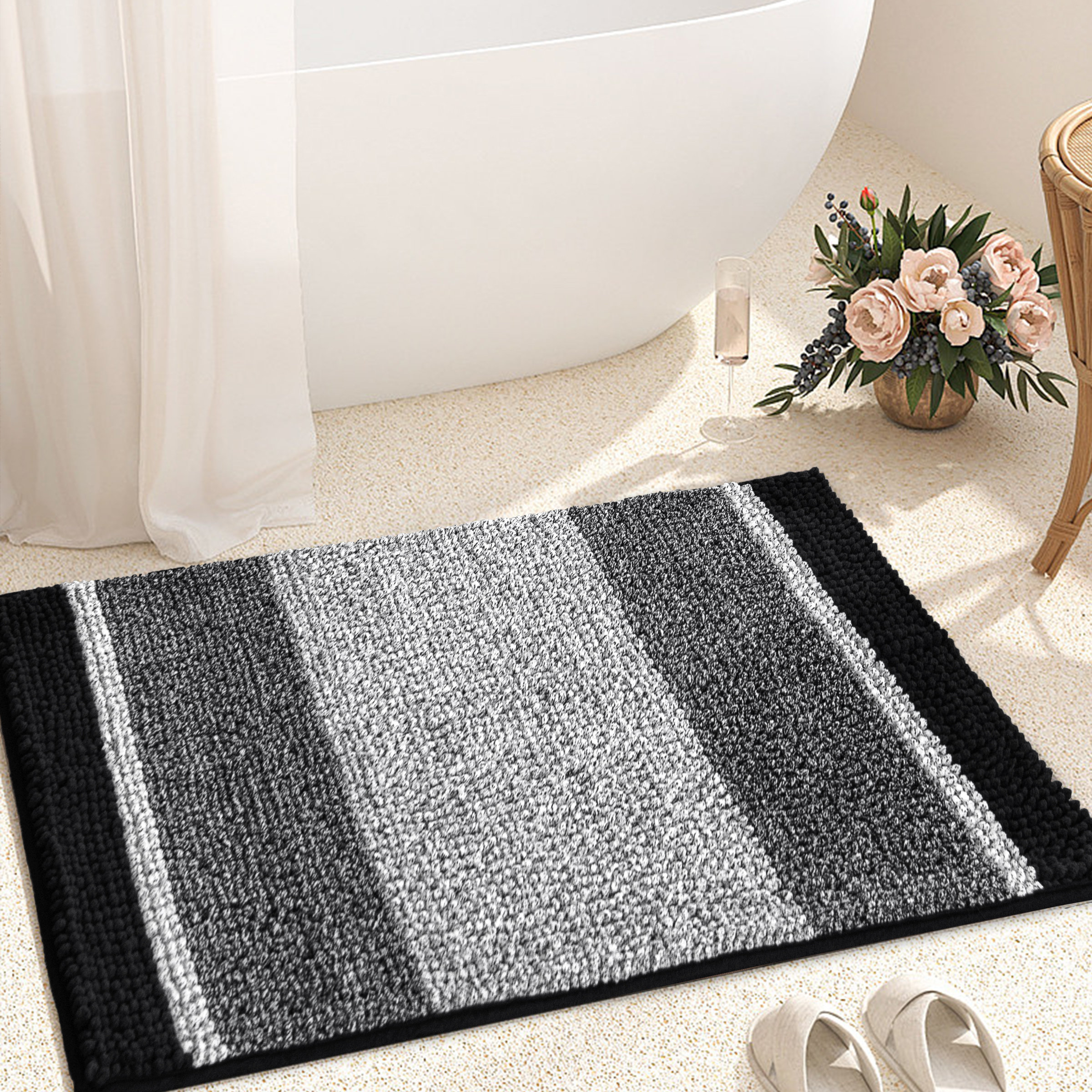 Mersin Gradient Chenille Water Absorbent Soft Plush Bath Rug Sand & Stable Color: Black, Size: 20 W x 32 L