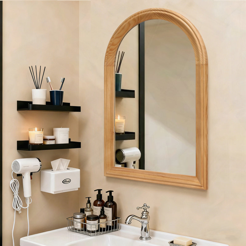 Arched Wood Framed Wall Mirror Rustic Style Easy Secure Installation