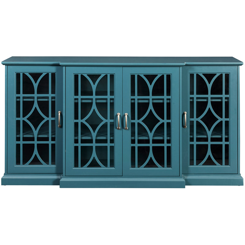 Buffet de 63 po en bleu sarcelle - 4 portes avec tablettes réglables, motif de porte exquis, support de télévision, grand plateau de table, portes, 6 portes faciles à installer