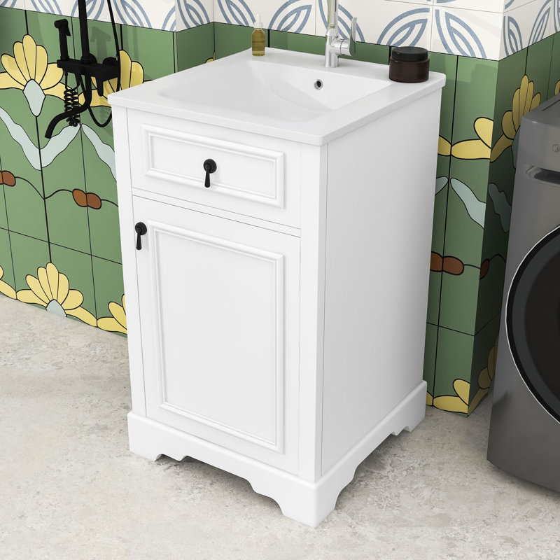 Meuble-lavabo simple contemporain en bois avec porte à fermeture douce, lavabo en céramique et tablette réglable, Blanc