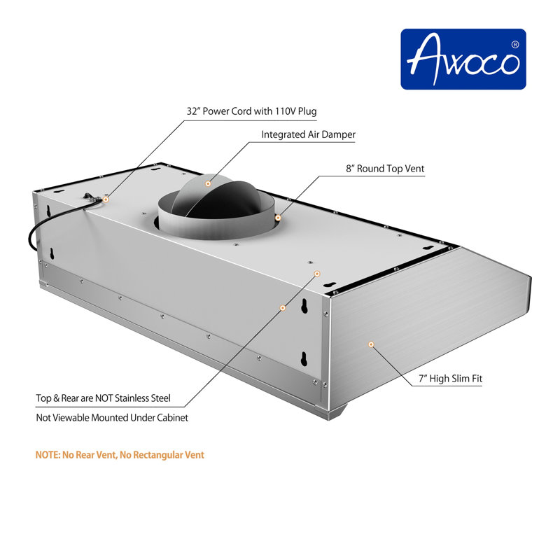 Awoco 30" Stainless Steel 1000 CFM Ducted (Vented) Under Cabinet Range Hood with Baffle Filter