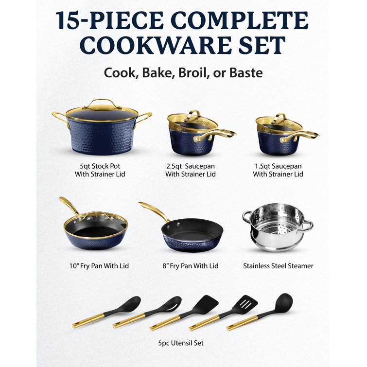 Granitestone Charleston Collection Hammered Navy 15 Piece Nonstick Cookware  Set with Utensils & Reviews