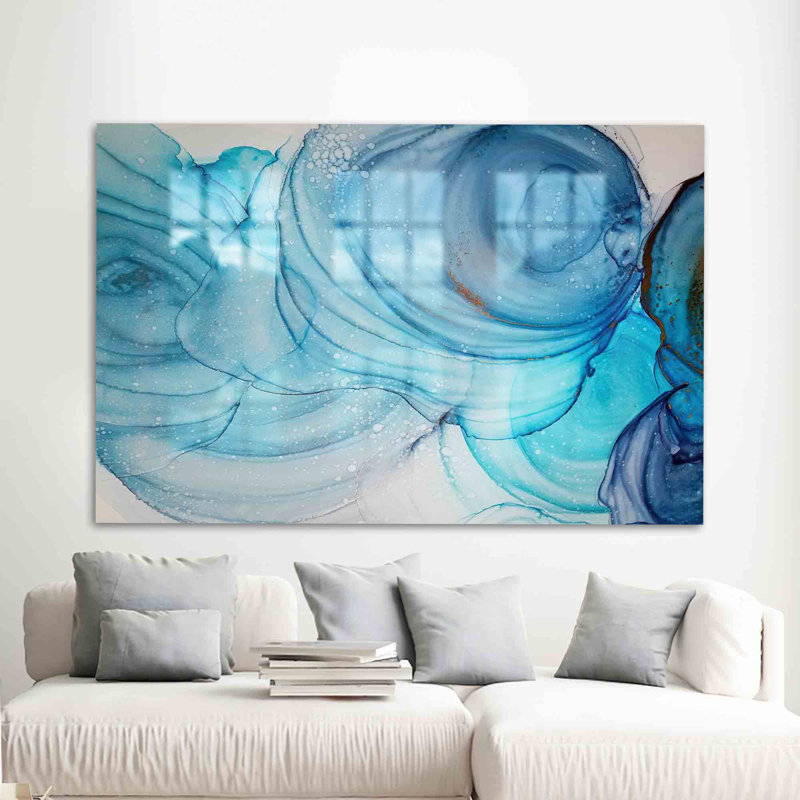 Art mural en verre bleu à encre alcoolisée de style moderne pour la décoration intérieure, H 18,1 po x l 28,3 po