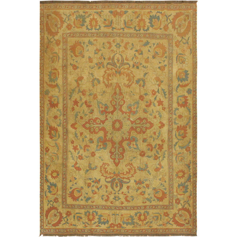Tapis brun clair / vert en laine tissé à la main de conception unique 7 pi 7 po x 9 pi 10 po Madea
