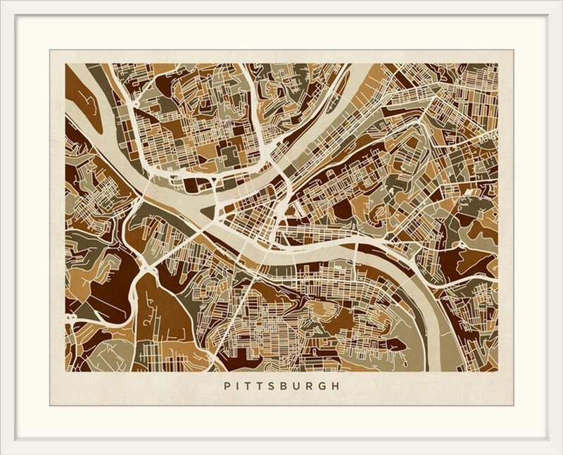 «Pittsburgh Pennsylvania Street Map» par Bellen, impression, Cadre blanc, H 20 po x l 24 po x P 1 po
