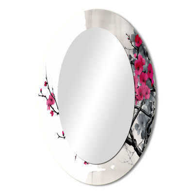 Asian Art Sumi Blossom II - Mid-Century Modern Oval Wall Mirror