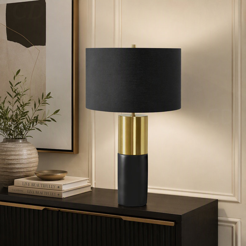 Lampe de table, hauteur 63,5 cm, corps en béton noir, abat-jour noir, style contemporain