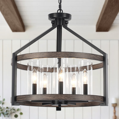 Lustre de style campagnard à lanterne à 5 lumières à intensité variable de 20,31 po avec abat-jour en verre pour salle à manger Amadi