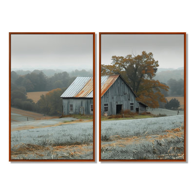 Winter Grey Autumn Barn Farming Heritage - Gray Wall Art 2 Pieces