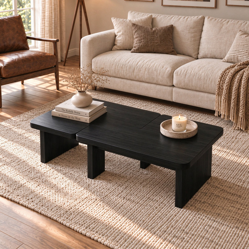 Mid Century Modern Wood Coffee table for livingroom,  free adjustable Side Table, 2 Pieces, Black