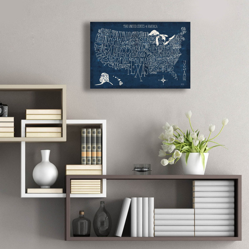 «Hand Lettred Us Map Blueprint» par Michael Mullan, art mural en verre acrylique, H 16 po x l 24 po x P 0,2 po
