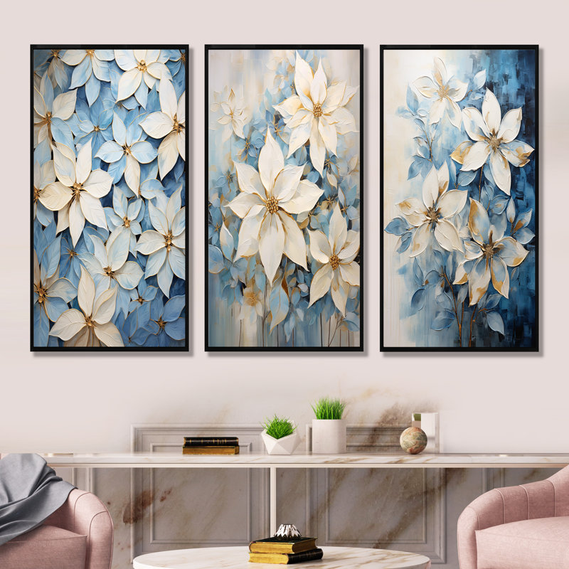 Ensemble de 3 décorations murales poinsettias beiges et bleues, Cadre flottant noir, H 40 po x l 60 po