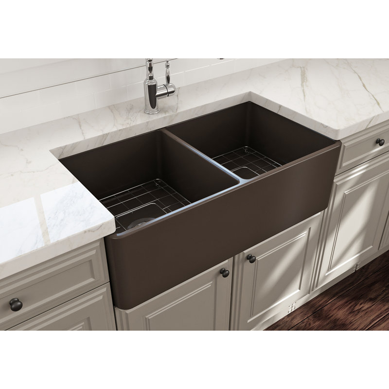 33'' L Double Basin Kitchen Sink, Glossy White