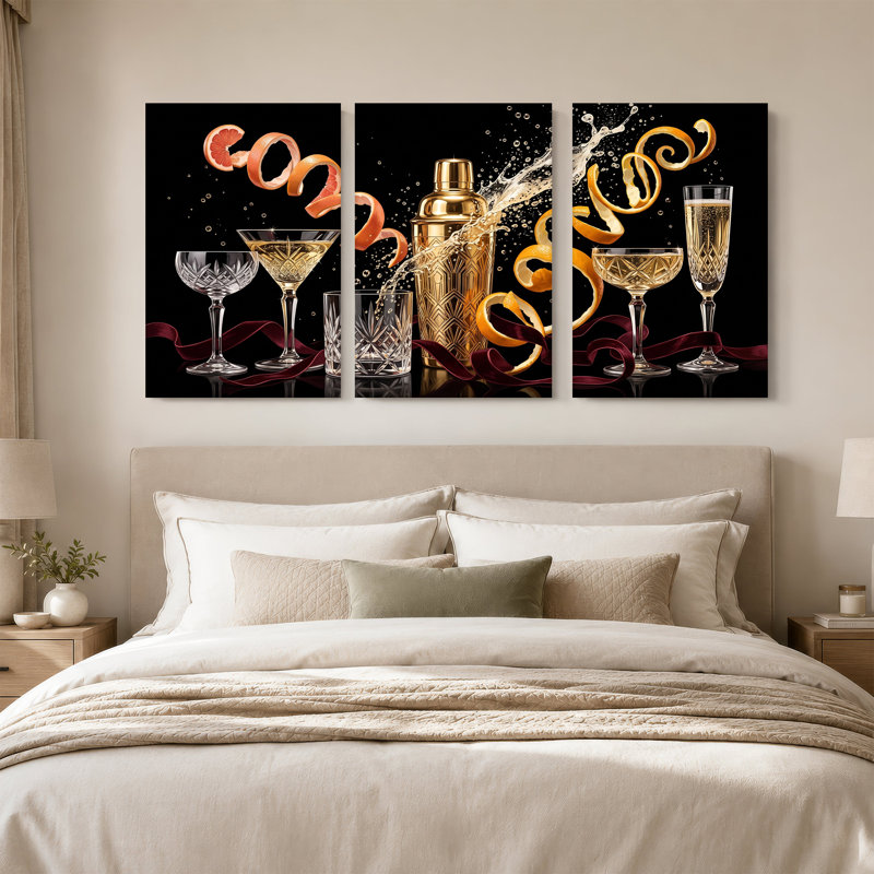 Ensemble de 3 verres à pamplemousse peel and cocktail en or sur toile, H 30 po x l 20 po x 3 pièces