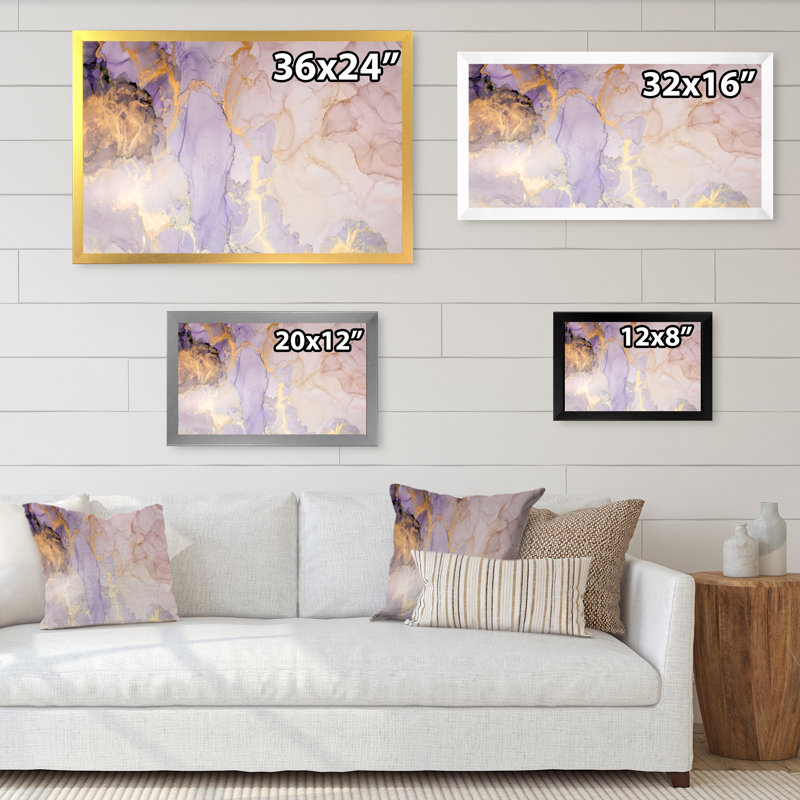 Luxe marbré doré et mauve, reproduction d'art sur toile flottante, Cadre photo noir, H 8 po x l 12 po x P 1 po