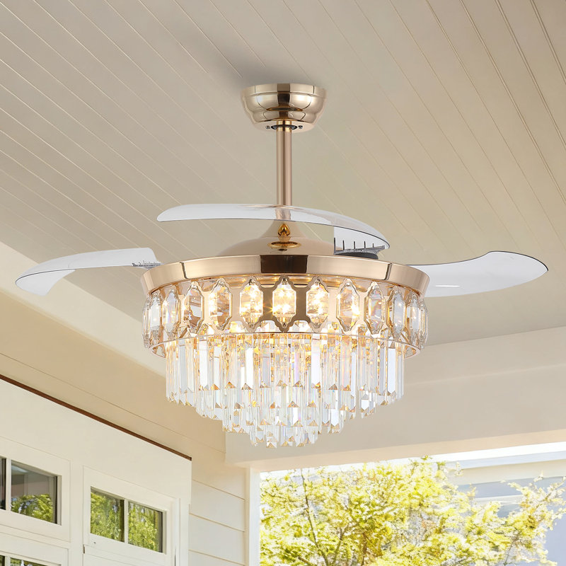 48" Dimmable Crystal Ceiling Fan With Led Lights And Remote Control, Gold with Gold
