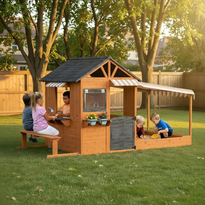Maisonnette en bois pour enfants avec bac à sable et cuisine pour enfants - Comprend un auvent, un banc, un casse-croûte, un évier, une cuisinière et des porte-fleurs