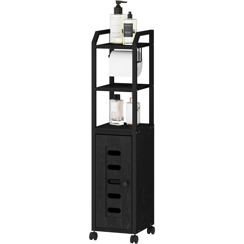 Black Compact Bathroom Storage Cabinet with Adjustable Shelf and Wheels