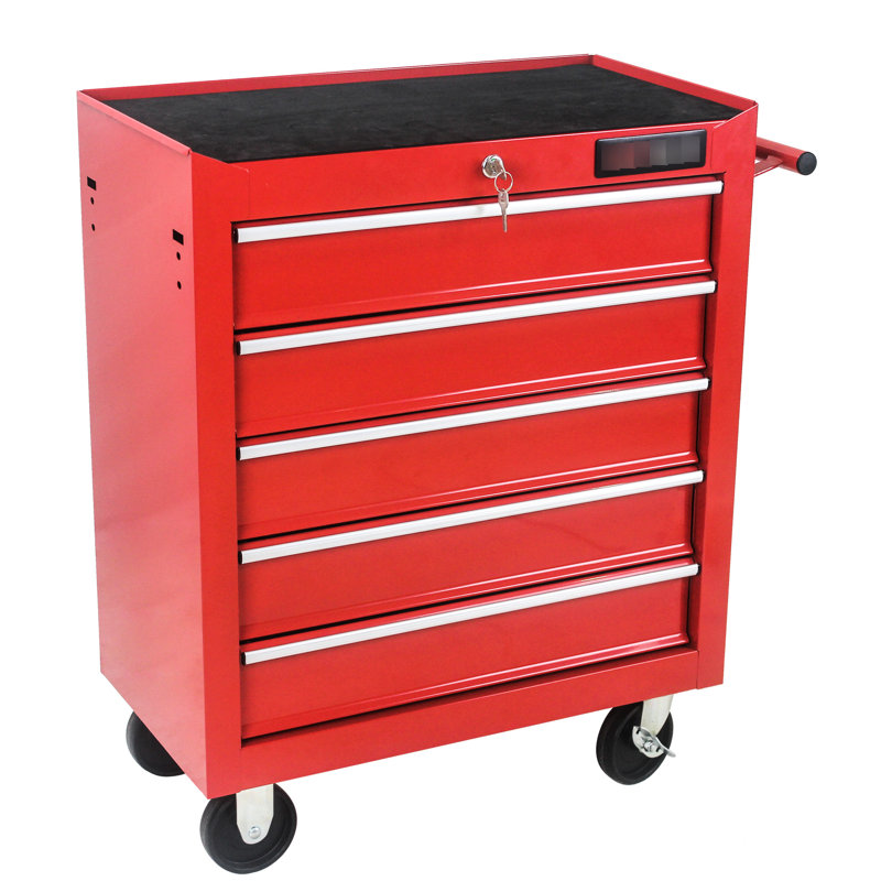 Rangement pour outils à 5 tiroirs avec système de verrouillage et roues mobiles - coffre en acier rouge à 5 tiroirs et transportable