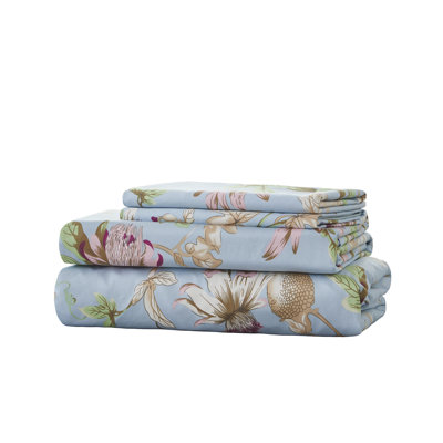 100% Egyptian Cotton Sheet Set,4 Piece Luxury Vintage Classic Colorful Floral In Light Blue Sheet Set, Soft Breathable Bed Sheets, for Christmas Gift