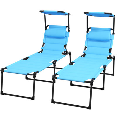 2 Pcs Outdoor Lounge Chair With Adjustable , Folding Chaise Design And Sunshade Roof, Blue For Beach Use Garden