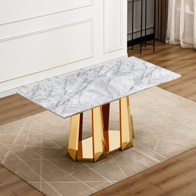 Table de salle à manger rectangulaire en faux marbre avec base en acier inoxydable et pieds en miroir, Gris, Doré