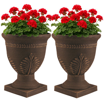 Ensemble de 2 pots de fleurs pour l'extérieur - urnes de 15,25 x 18,8 pouces pour décor de porche, intérieur, patio ou vestibule - pots de fleurs en plastique avec drainage - grands pots de fleurs décoratifs de (bronze)