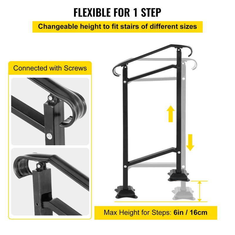 Adjustable Black Wrought Iron Handrail for 1-2 Steps