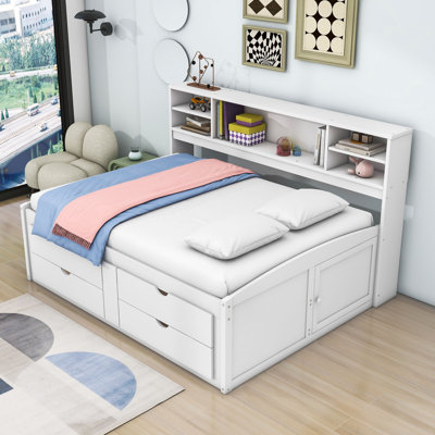 Lit de jour double / en bois double avec tiroirs et tablettes