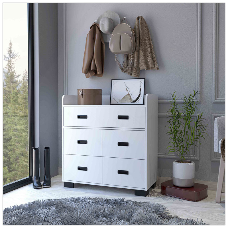 Commode Anemone, tiroir double, 4 tiroirs simples, Blanc