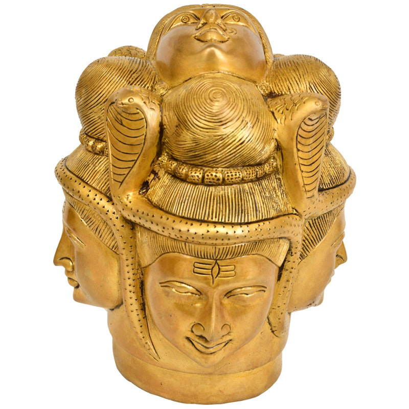 8" Cosmic Mukha Lingam with Five Faces Brass Statue - Handcrafted Pancha Mukha Shiva Sculpture for Temple Decor