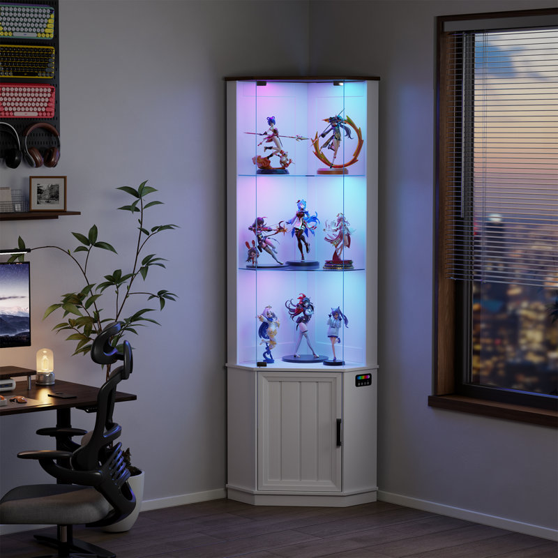 69'' H Corner Cabinet With Colorful Lights, Adjustable Shelves, White