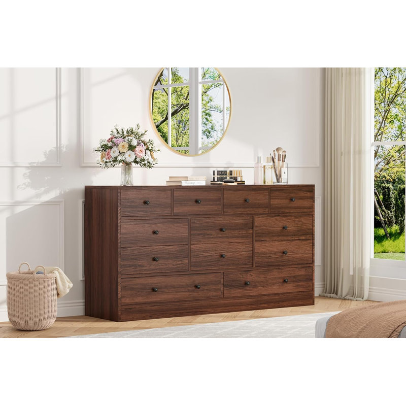 12 Drawer Dressers, Chests Of Drawers, 61'' Wood Storage Drawer Dresser With Power Outlet, Brown