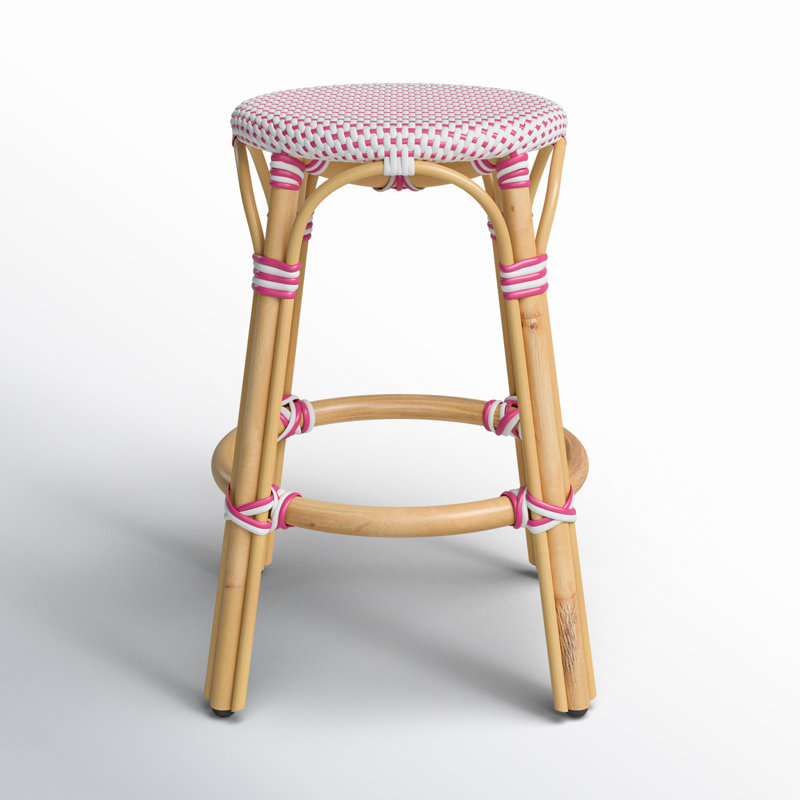 Tabouret de bar et de comptoir en rotin tissé à la main Alastair, Blanc / point rose / cadre en rotin naturel