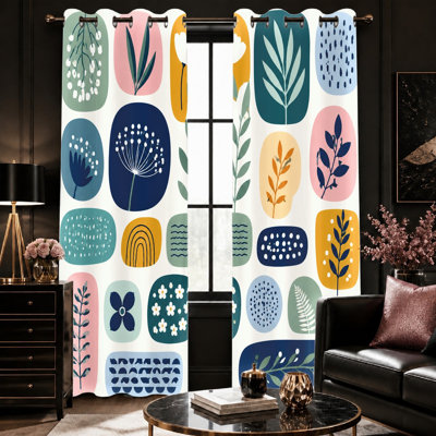 2Pcs Abstract Botanical Print Sun Blocking Curtains, Mid-Century Modern Geometric Leaf Pattern Grommet, Vintage Scandinavian Style Room Darkening for Living Bedroom for Home Dector
