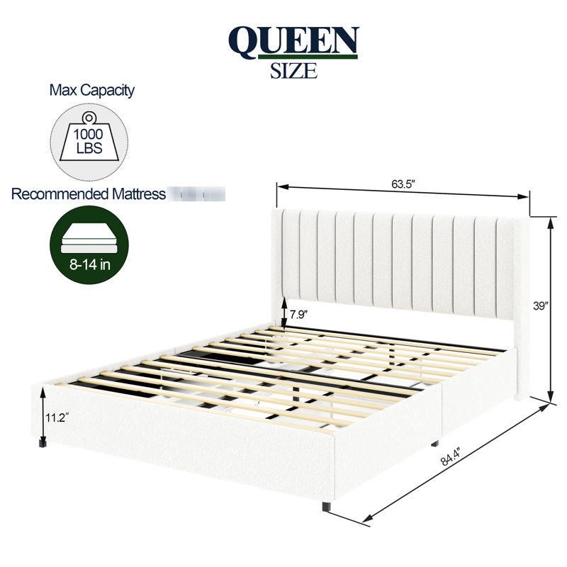 Lit sans sommier requis avec système de tiroirs doublés de plastique et base de revêtement rembourrée 4 tiroirs Cozy Upholstery