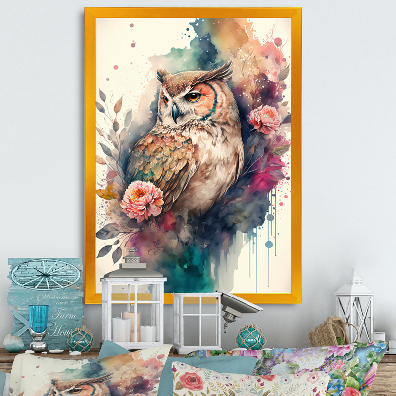 «Cute Owls Floral II», impression sur toile, H 20 po x l 12 po x P 1 po, Cadre photo doré