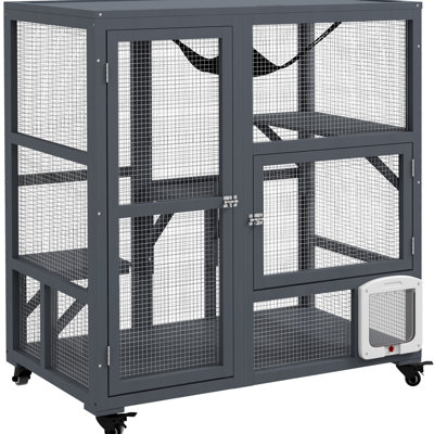 Enclos pour chat d'intérieur sur roulettes, en bois de 39 po, gris - multi-niveaux avec plateformes et porte à rabat pour 2 chats jusqu'à 12 lb amassés en somme, roues en bois regroupées agrégat total