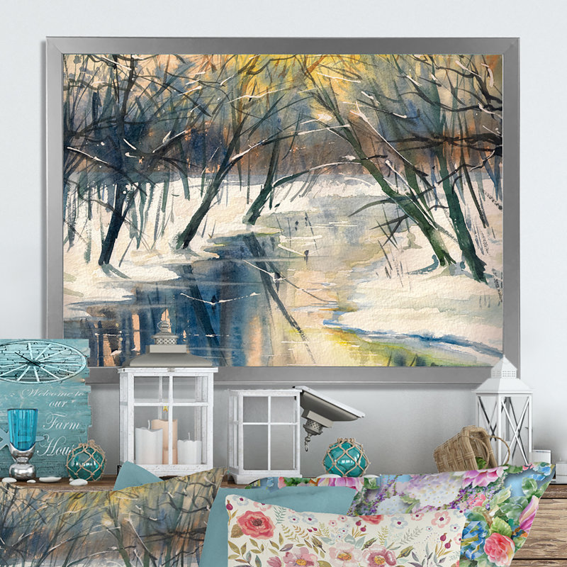 River in Winter Forest - reproduction d'art sur toile, Cadre photo argenté, H 24 po x l 36 po x P 1 po